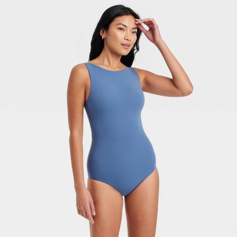 NWT Women's Luxe Stretch Boatneck Bikini Bodysuit - Auden Blue XL